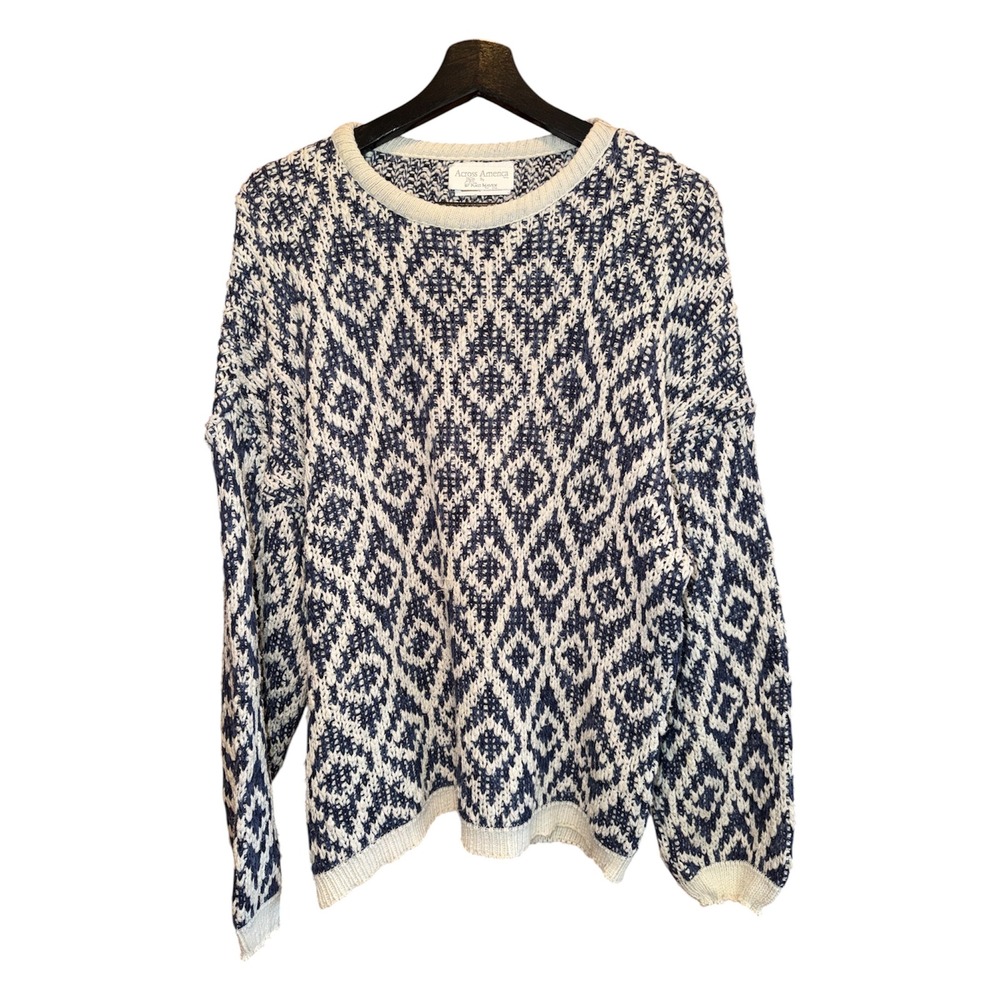 VTG Across America Knit Maven Navy Blue Diamond Cotton Sweater Sz L Made In USA